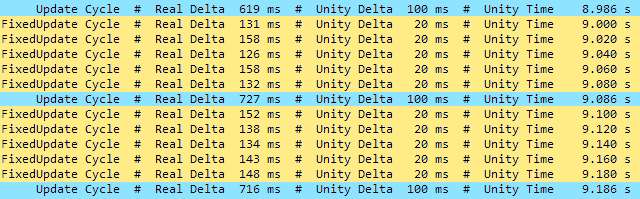 Screenshot of SmoothMovement.log with Update and FixedUpdate cycles under heavy load.